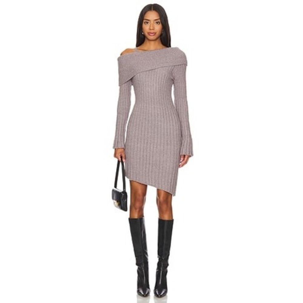 House of Sunny Chunky Rib Dress School Grey Off Shoulder Asymmetrical Sweater 10